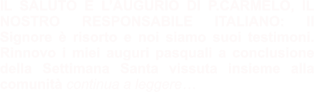 IL SALUTO E L’AUGURIO DI P.CARMELO, IL NOSTRO RESPONSABILE ITALIANO: Il Signore è risorto e noi siamo suoi testimoni. Rinnovo i miei auguri pasquali a conclusione della Settimana Santa vissuta insieme alla comunità continua a leggere…