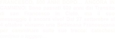 FRANCESCO, 800 ANNI DOPO… ANCORA IN CAMMINO! Sono passati 800 anni dal Transito di san Francesco in Cielo, ma il suo messaggio è ancora vivo! Dal 27 settembre al 4 ottobre vivremo una Settimana Francescana per camminare sulle sue tracce: catechesi   continua a leggere…